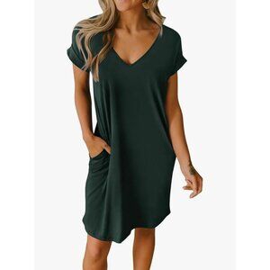 BTFBM Womens V-Neck Casual Loose Fit T-Shirt Dress Pockets Dark Green Size S